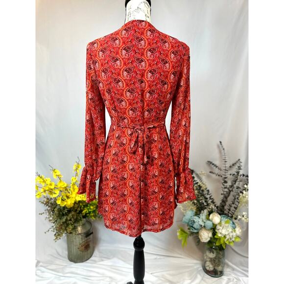 One Way Wrap Around Paisley Mini Dress Long Sleeves Red/Orange 12 - Picture 9 of 13